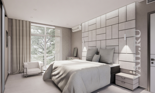 Хозяйская спальня, мягкое изголовье кровати, спальня в загородном доме, 2021.