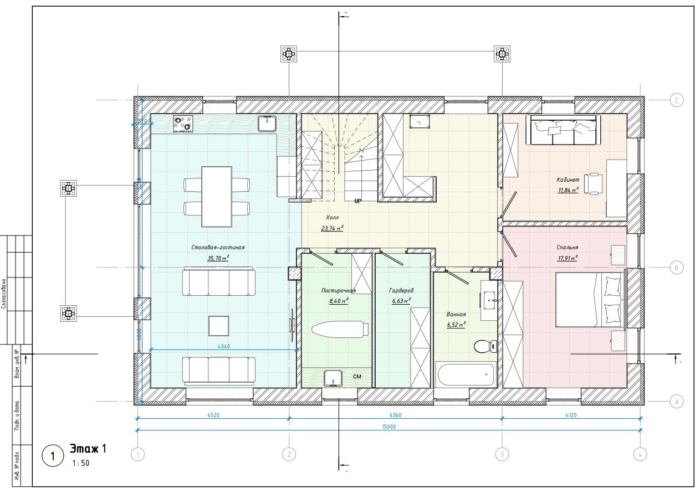 План первого этажа. Прямоугольный периметр. Спальня, кпабинет, гостиная.
